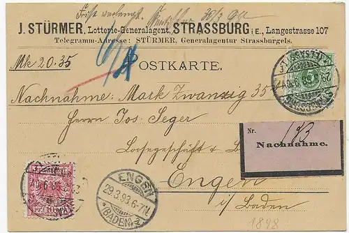 Nachnahme Postkarte Strassburg nach Engen, 1898