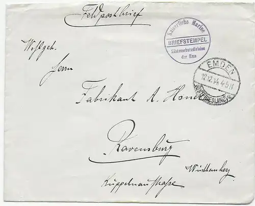 Feldpostbrief Kaiserliche Marine, Küstenschutzdivision der Ems, Emden 1914