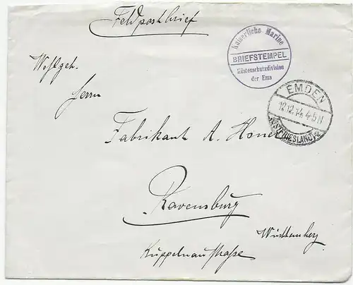 Lettre de champ Postier Marine Impériale, Division de la Protection côtière des Ems, Emden 1914