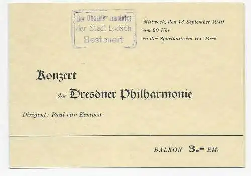 Carte de concert 1940: Concert Dresdner Philharmonie avec une série de conférences à Lodsch