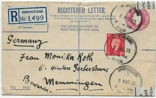 Registered Buckfastleigh, 11.8.1939 nach Memmingen, Devisenüberwachung München