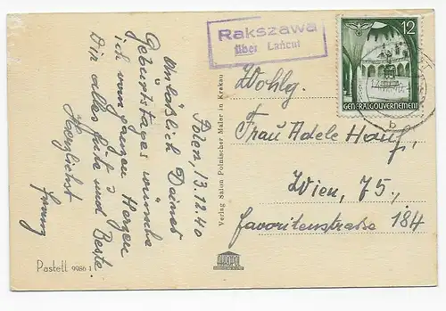 Carte d'anniversaire de l'agence de poste de Rakszawa via Lancut à Vienne, 1940