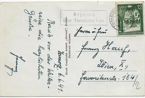 Ansichtskarte Zamosc von Postagentur Krynice/Tomaszow Lub. nach Wien, 1941