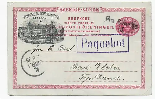 Brefkort Pra Sverige Malmö, Poste de bateau Paquebot vers Bad Elster, 1895
