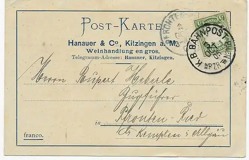 Kitzingen, 1905 nach Pfronten, Bahnpost an Zugführer, Firmenkarte