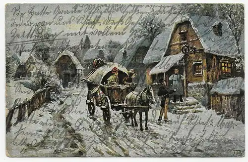 Württemberg Feldpost 1915, Underberg Werbekarte: Dorfleben im Winter