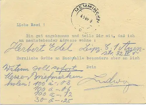 Eilbote Leipzig Ringmesshaus a Memmingen, 1940