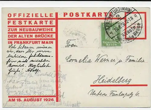 Festkarte zur Neubauweihe der alten Brücke Frankfurt/M, 1926 nach Heidelberg