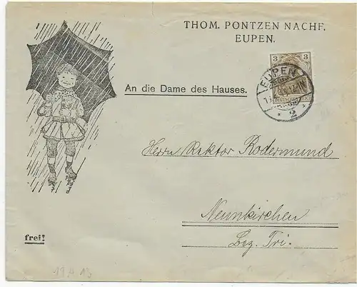 Brief Eupen 1913 nach Neunkirchen: Kind mit Regenschirm: An die Dame des Hauses