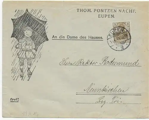 Lettre d'Eupen 1913 à Neunkirchen: Enfant parapluie: À la dame de la maison