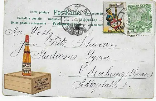 Werbekarte mit Vignette Teekanne, Cognac nach Ödenburg/Sopran 1922