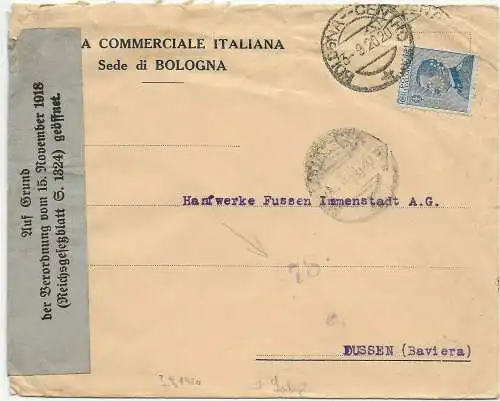 Bologna 1920, Perfin, Bankbrief mit Öffnung an Hanfwerke Füssen