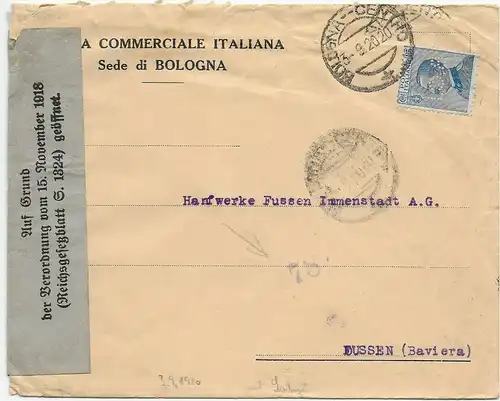 Bologne 1920 Perfin, lettre bancaire avec ouverture aux usines de chanvre pieds