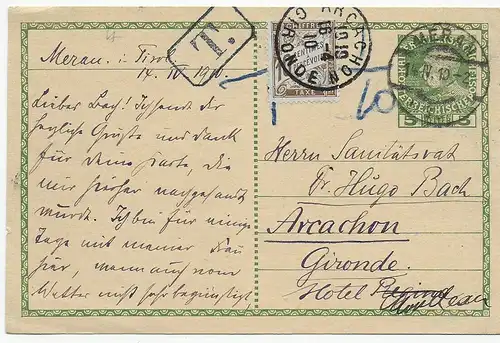Postkarte Meran 1910 nach Arcachon/Gironde - Hotel mit Nachgebühr