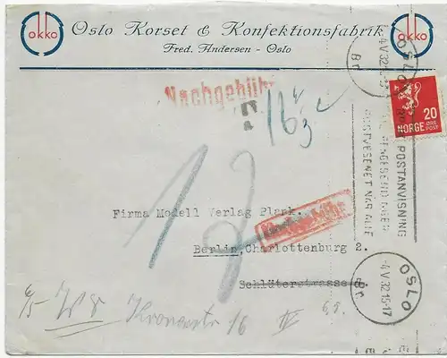 Oslo 1932 nach Berlin mit Nachgebühr, Rückseite mit Bild