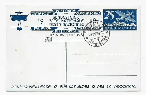 Postkarte Bundesfeier Bachletten, 1928, Motiv strickende Oma