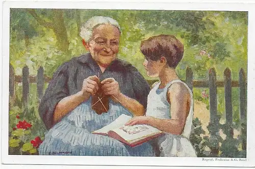 Postkarte Bundesfeier Bachletten, 1928, Motiv strickende Oma