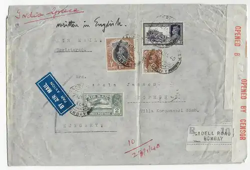 Airmail registered Bombay to Hungary /Sopron, 1940 with centorship