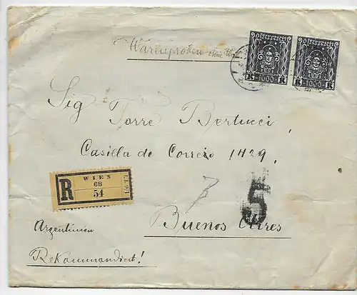 Warenprobe ohne Wert, Einschreiben Wien 1923 nach Argentinien