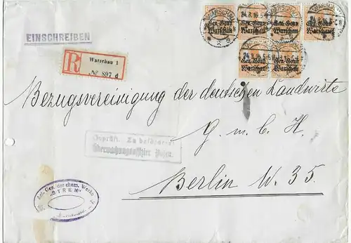 Einschreiben 1916 Warschau - Bes. I. WK nach Berlin, Zensur, Mehrfachfrankatur