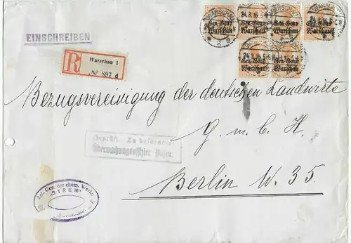 Inscription 1916 Varsovie - Bes. I. WK à Berlin, censure, multifrançature
