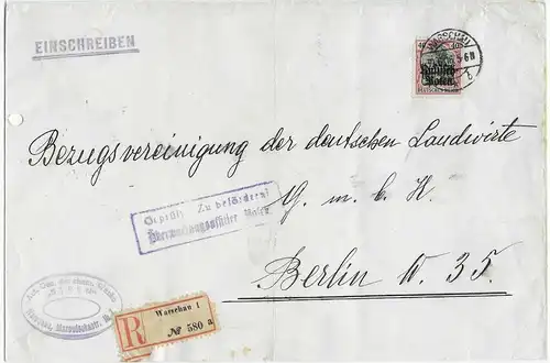 Einschreiben 1916 Warschau - Bes. I. WK nach Berlin, Zensur, Eiinzelfrankatur