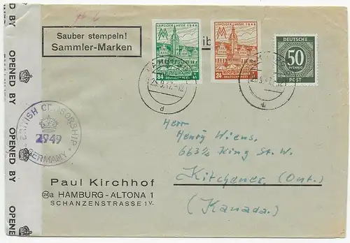 Hambourg 1947 après Kitchener/Canada, censure britannique