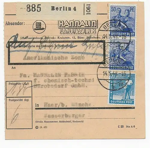 Paketkarte Berlin, 1948, auf eigene Gefahr nach Haar/München
