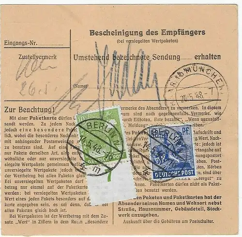 Paketkarte Berlin, 1948, auf eigene Gefahr nach Haar/München