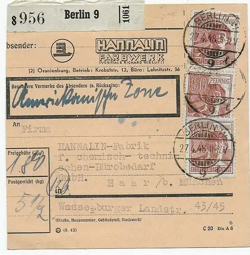 Paketkarte Oranienburg/Berlin nach Haar, 1948, MeF