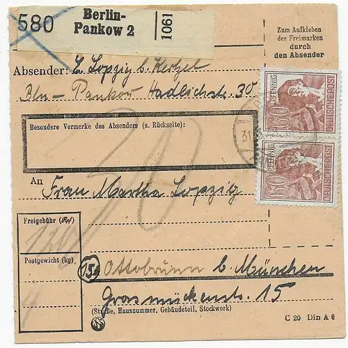 Carte de paquet Berlin-Pankow vers Ottobrunn/Munich, 1948, MeF