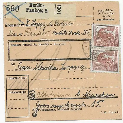 Paketkarte Berlin-Pankow nach Ottobrunn/München, 1948, MeF