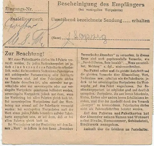 Carte de paquet Berlin-Pankow vers Ottobrunn/Munich, 1948, MeF