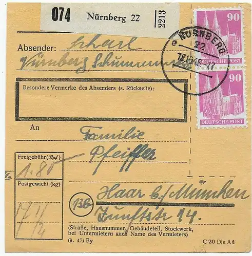 Paketkarte Nürnberg 1948 nach Haar, MeF