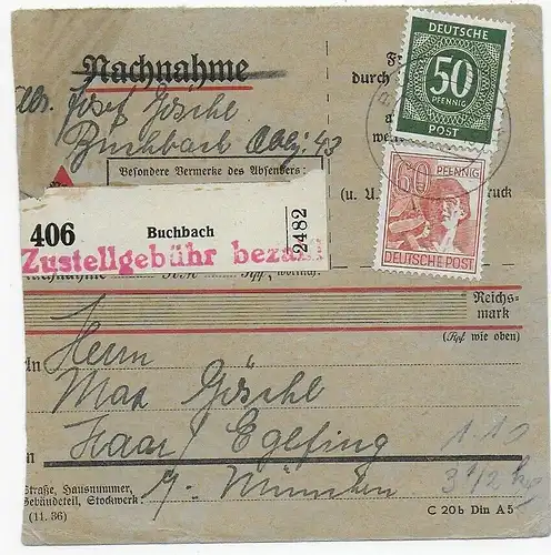 Carte de colis de Buchbach après Haar, 1948, formulaire rare