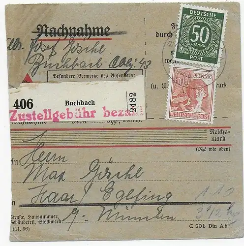 Paketkarte Nachnahme von Buchbach nach Haar, 1948, seltenes Formular