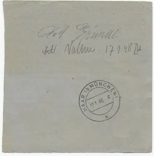Carte de colis de Buchbach après Haar, 1948, formulaire rare