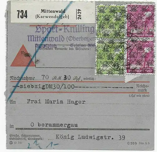 Paketkarte Nachnahme von Mittenwald/Karwendelbeb. nach Oberammergau, 1948