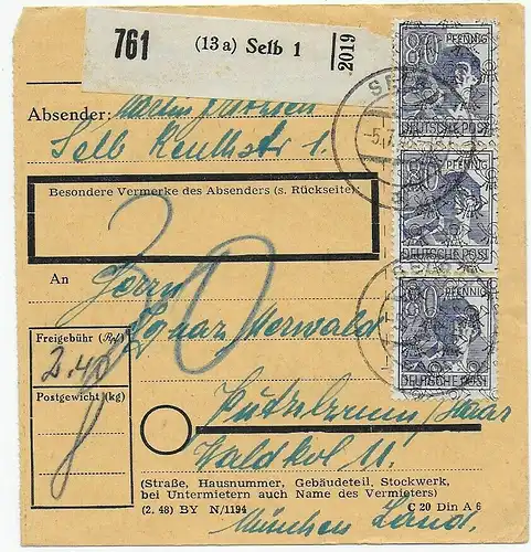 Paketkarte von Selb nach München 1948