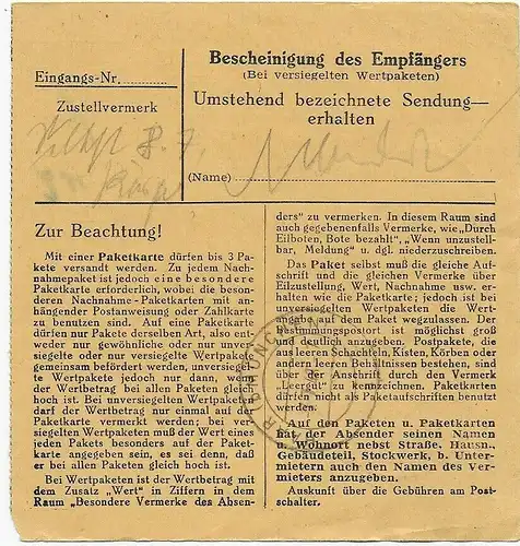 Carte de Package de Selb à Munich 1948