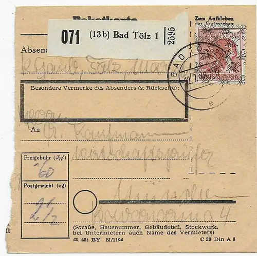 Paketkarte von Bad Tölz, 1948 nach München, EF