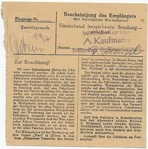 Paketkarte von Bad Tölz, 1948 nach München, EF