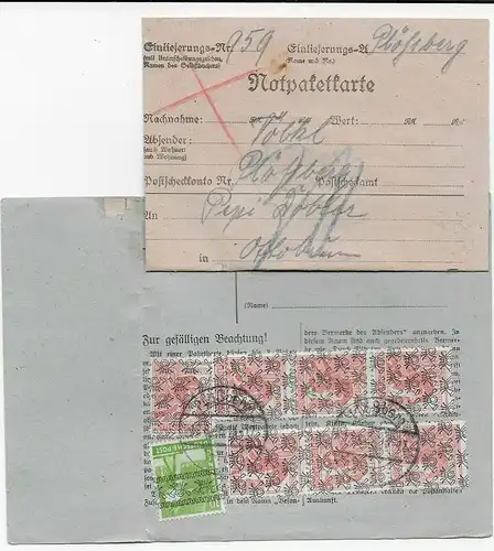 Carte de colis de Plössberg/Oberpf. vers Ottobrunn, 1948, avec carte de paquet d'urgence
