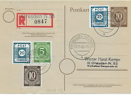 Carte postale recommandée Dresde 1946, MiF SBZ et All. Bes.