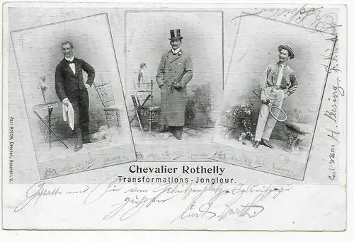 Chevalier Rothelly, Jongleur, Postkarte von Oelgnitz 1901 nach Falkenstein