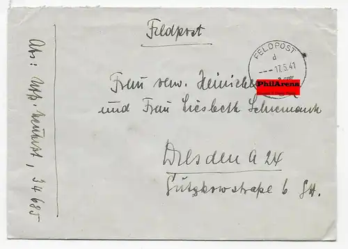 Lettre postale de champ FPn° 34685 après Dresde avec censure de terrain 1941