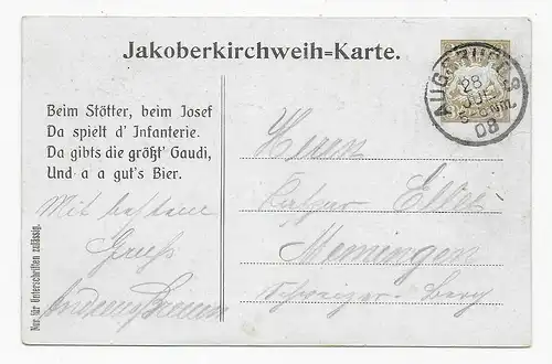 Carte Jakoberkirchweih Augsburg 1908 vers Memmingen. Carte rare