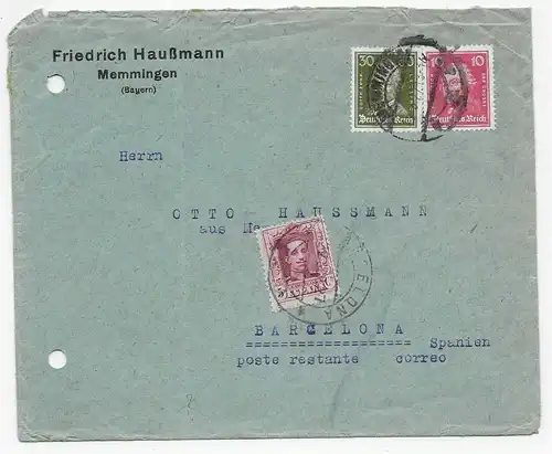 Brief von Memmingen nach Barcelona, 1927, Postlagergebühr