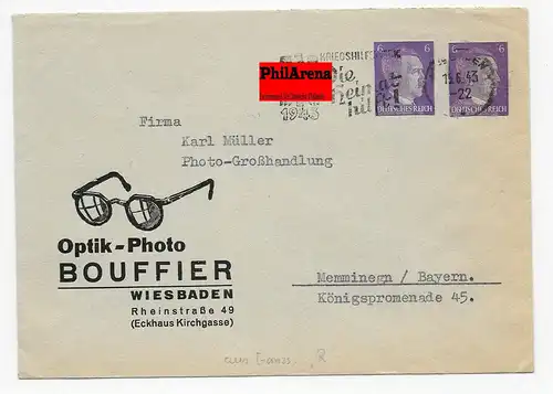 Optik-Photo-Brille, Wiesbaden nach Memmingen, 1943 mit Ganzsachenausschnitt
