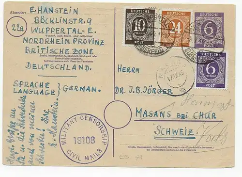 Ganzsache von Wuppertal nach Masans/Chur/Schweiz, 1946 mit Zensur